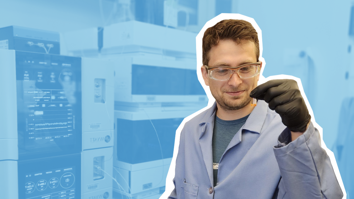 Alex Zhukhovitskiy working in a lab wearing safety goggles, a lab coat and gloves. A Carolina Blue graphic treatment has been placed above the background of the image, and a white outline is traced around Zhukhovitskiy